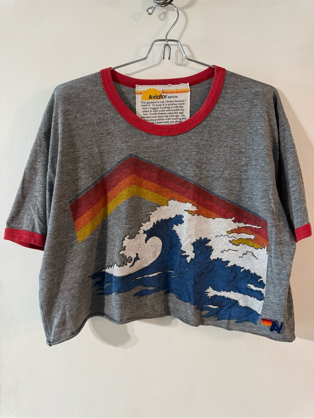 Aviator Nation Grey Crop Tee with Red Trim and Multicolor Wave Graphic